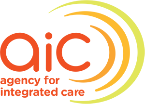 Logo van het AIC, Agency for Integrated Care, met oranje en gele cirkelbogen en de tekst in het rood. Geschikt voor DISC workshops en leiderschapstrainingen.