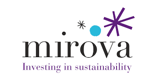 Logo van Mirova met de tekst 'Investing in sustainability', kleurrijke grafische elementen