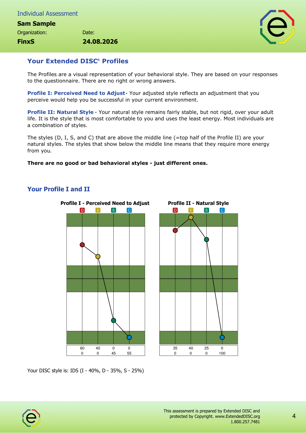 Sample from a DISC report: the natural profile next to the adapted profile